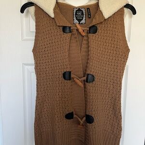 Yoki Tan Knit Toggle Vest with Teddy lined Hood